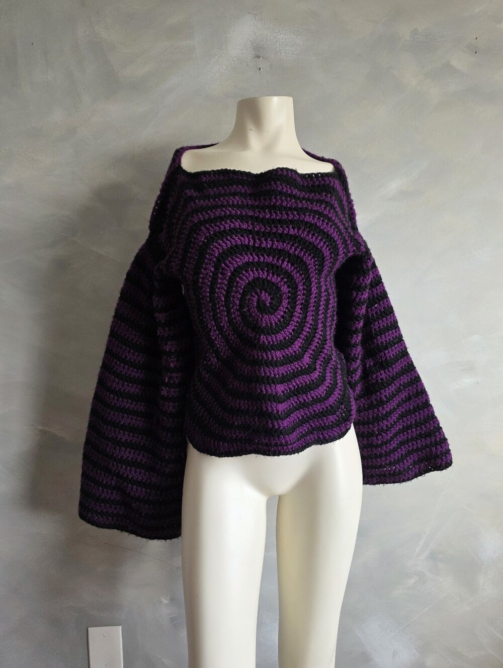 Retro Whimsigoth Hypnotic Spiral Crochet Bell Sleeve Sweater Handmade M/L